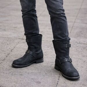 VARESE Black Motorcycle Leather Buckle Boots Shoes  Mens Size 9.5
